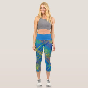 Tartan Blue Green Yellow Plaid Blue Waistband  Capri Leggings