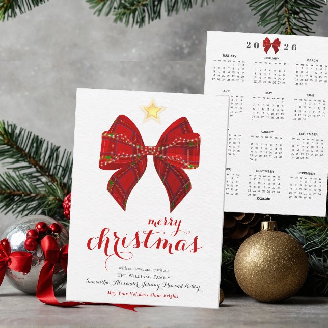Tartan Bow 2026 Calendar Merry Christmas Calendar Holiday Card (Red Elegant Tartan Bow 2026 Calendar Merry Christmas Keepsake Calendar Holiday Card)