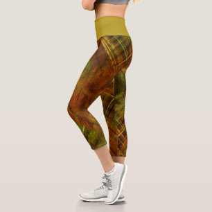 Tartan  Brown Green Check Mustard Waistband Capri Leggings
