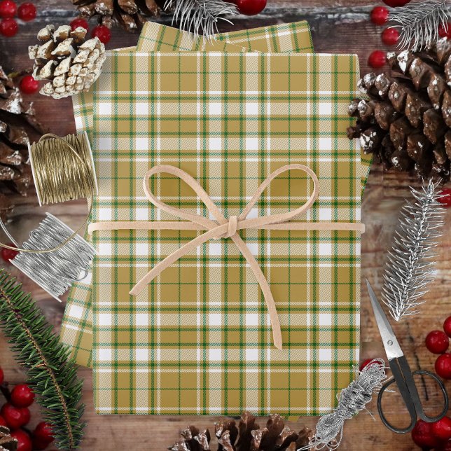 Tartan - Caramel Gold-White-Green Wrapping Paper Sheet (Tartan - Caramel Gold-White-Green Wrapping Paper Sheets by Leapfroglisics Shop)