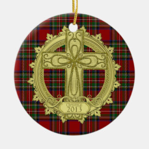 Tartan Celtic Cross Christmas Xmas Photo Template Ceramic Tree Decoration