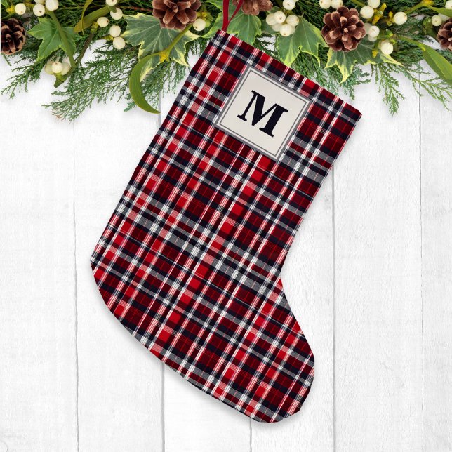 Tartan Check Patterned Stylish Festive Monogrammed Small Christmas Stocking (An elegant monogrammed Christmas stocking, with tartan plaid pattern in red, gray and white)