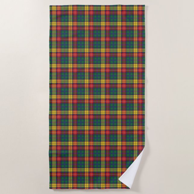 Tartan Clan Buchanan Plaid Yellow Red Green Check Beach Towel (Front)