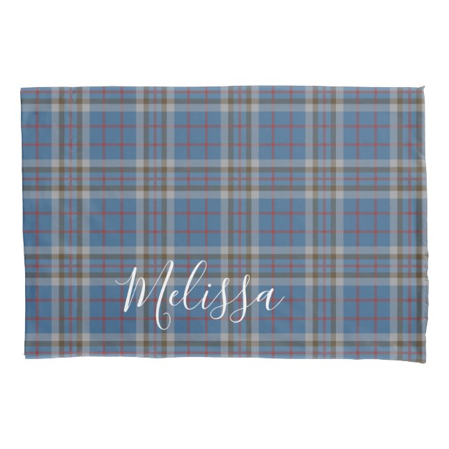 Tartan Clan Thompson Plaid Blue Grey Check Pillowcase (Front-Left)