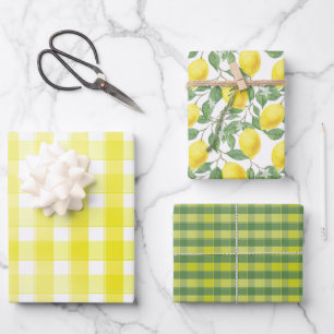 Tartan daisy lemon yellow green set wrapping paper