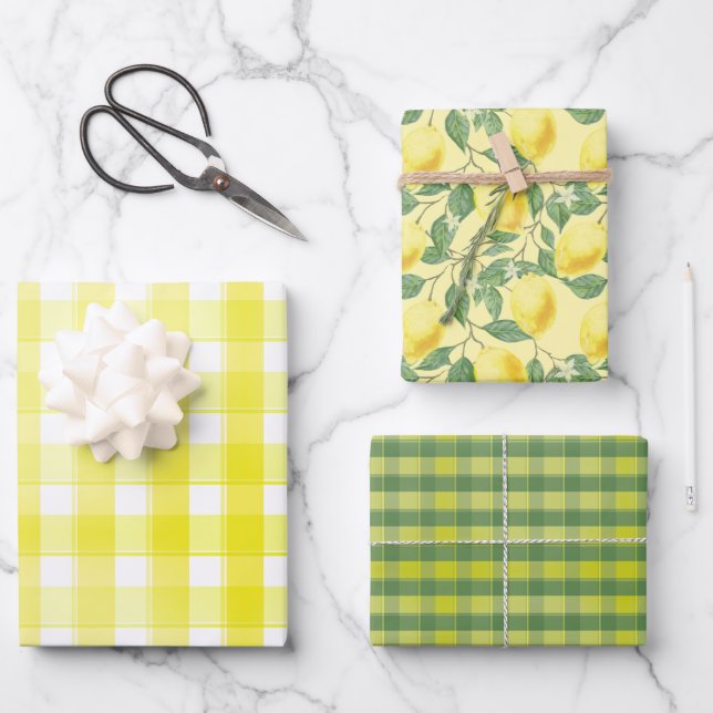 Tartan daisy lemon yellow green set wrapping paper (Front)