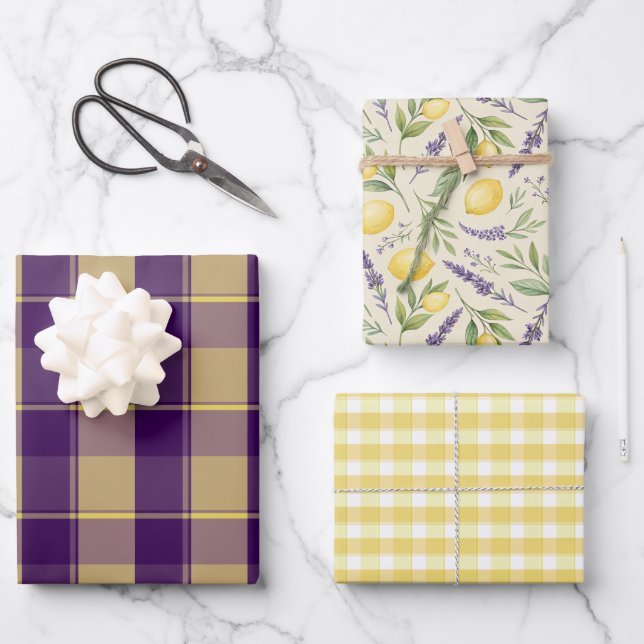 Tartan daisy lemon yellow purple wrapping paper (Front)