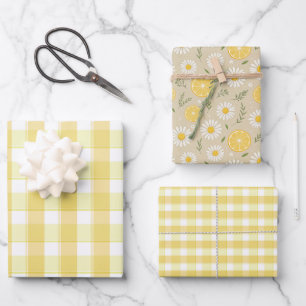 Tartan daisy lemon yellow set wrapping paper