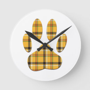 Tartan Dog Paw Print Round Clock