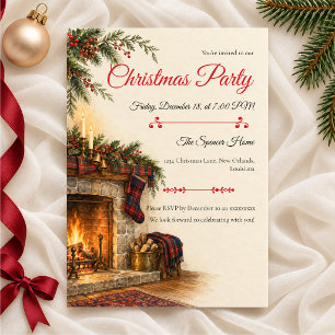 Tartan Fireplace Christmas Party Invitation
