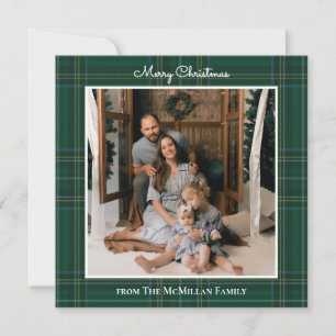 Tartan Green Photo Minimalist Christmas Holiday Card
