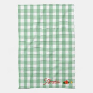 Tartan green simple wildflower pattern name tea towel
