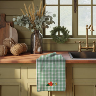 Tartan green simple wildflower pattern tea towel