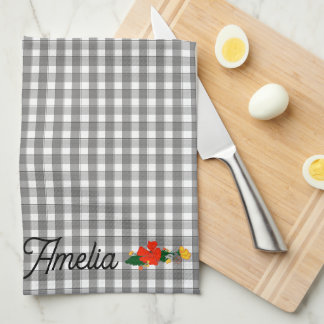Tartan grey simple wildflower pattern name tea towel