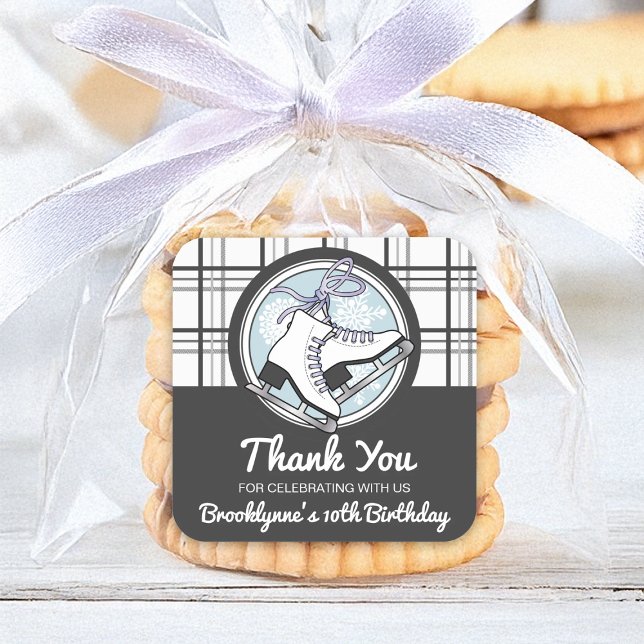 Tartan Ice Skating Kids Birthday Party Favour Square Sticker (Creator Uploaded)
