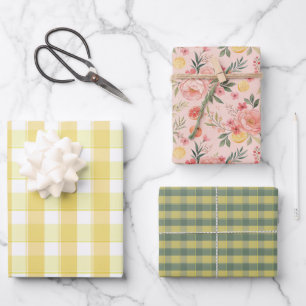 Tartan lemon yellow peach green set wrapping paper
