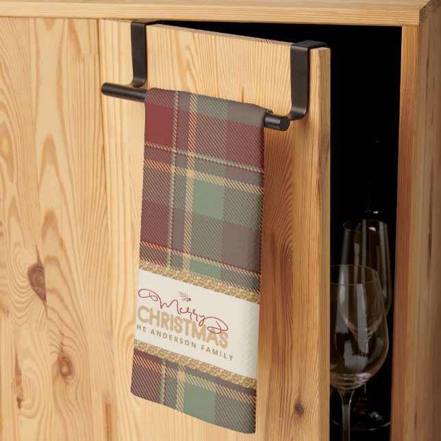 Tartan Merry Christmas Gold Frame ID1141A Tea Towel (Thirds Fold)