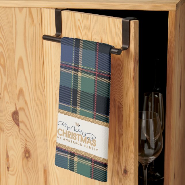 Tartan Merry Christmas Gold Frame ID1141B Tea Towel (Thirds Fold)
