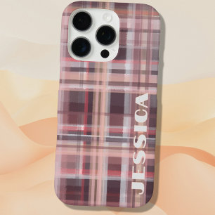 Tartan Monogram Burgundy Red Blush Pink Stripes  iPhone 16 Pro Case