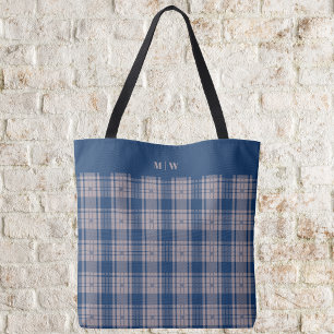 Tartan - Navy Blue with Light and Dark Taupe Brown Tote Bag