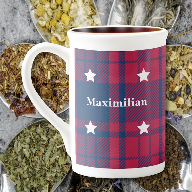 Tartan - Patriotic - Red Blue White Stars Bone China Mug (Tartan - Patriotic - Red Blue White Stars Bone China Mug by Leapfroglisics Shop)