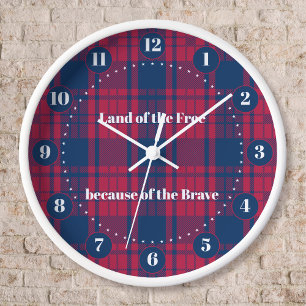 Tartan - Patriotic - Red Blue White Stars Large Clock
