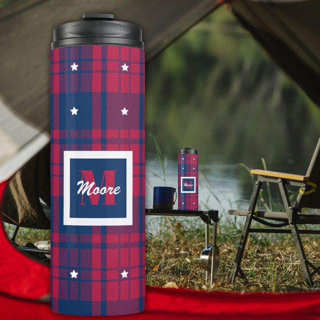 Tartan - Patriotic - Red Blue White Stars Thermal Tumbler (Creator Uploaded)