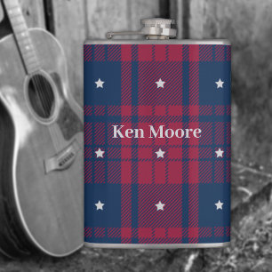 Tartan - Patriotic - Red Blue White Stars Vinyl Hip Flask