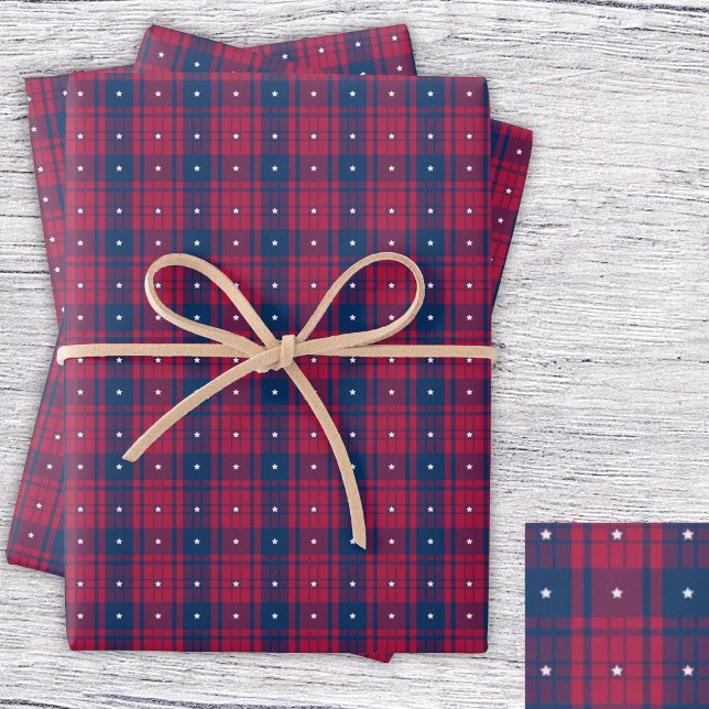 Tartan - Patriotic - Red Blue White Stars Wrapping Paper Sheet (Tartan - Patriotic - Red Blue White Stars Wrapping Paper Sheets by Leapfroglisics Shop)