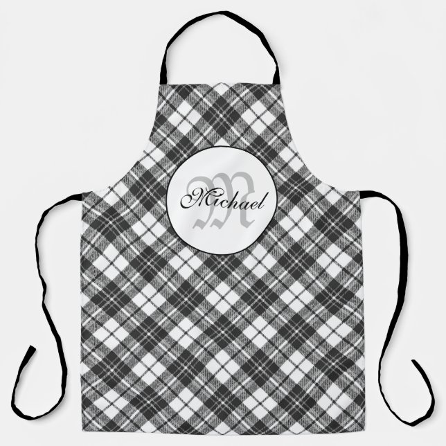 Tartan pattern Christmas black white Monogram Apron (Front)