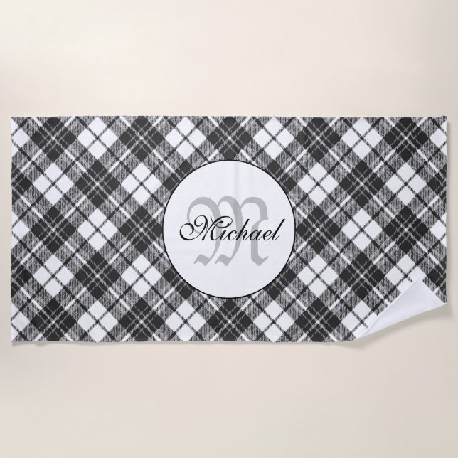 Tartan pattern Christmas black white Monogram Beach Towel (Front)
