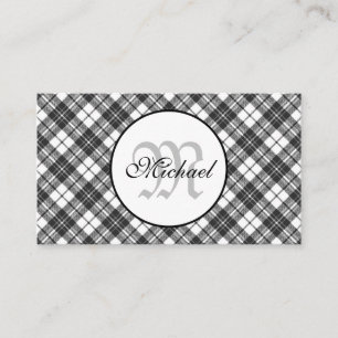 Tartan pattern Christmas black white Monogram Business Card