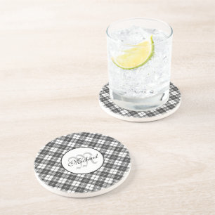Tartan pattern Christmas black white Monogram Coaster