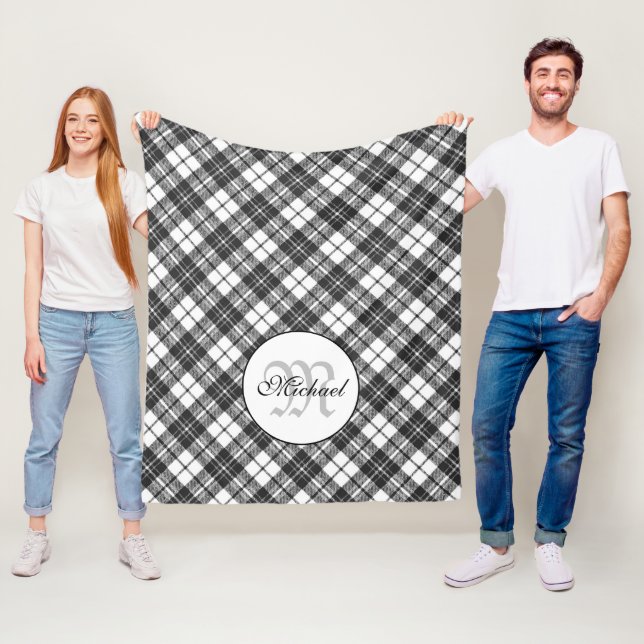 Tartan pattern Christmas black white Monogram Fleece Blanket (In Situ)