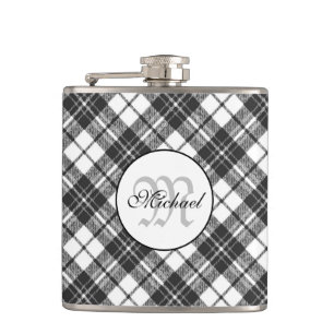 Tartan pattern Christmas black white Monogram Hip Flask