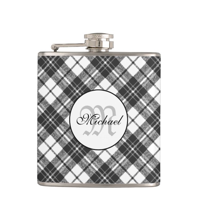 Tartan pattern Christmas black white Monogram Hip Flask (Front)
