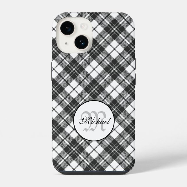 Tartan pattern Christmas black white Monogram iPhone Case (Back)