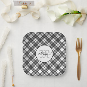 Tartan pattern Christmas black white Monogram Paper Plate
