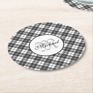 Tartan pattern Christmas black white Monogram Round Paper Coaster