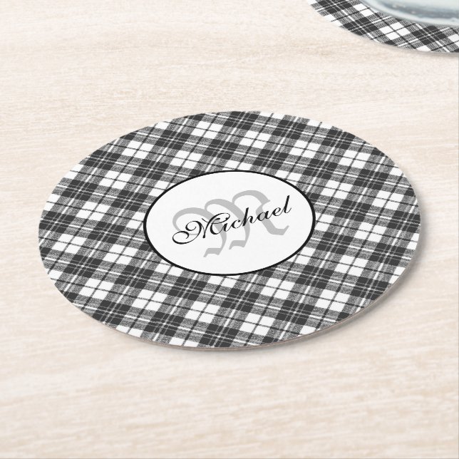 Tartan pattern Christmas black white Monogram Round Paper Coaster (Angled)