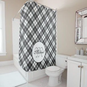Tartan pattern Christmas black white Monogram Shower Curtain