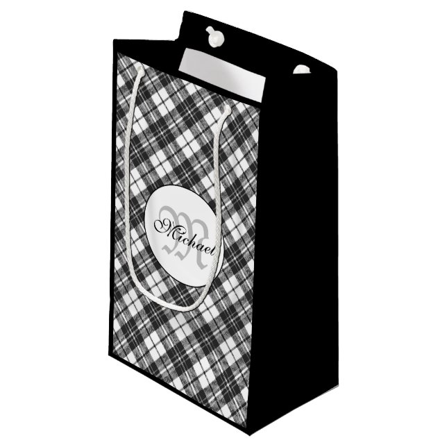 Tartan pattern Christmas black white Monogram Small Gift Bag (Front Angled)