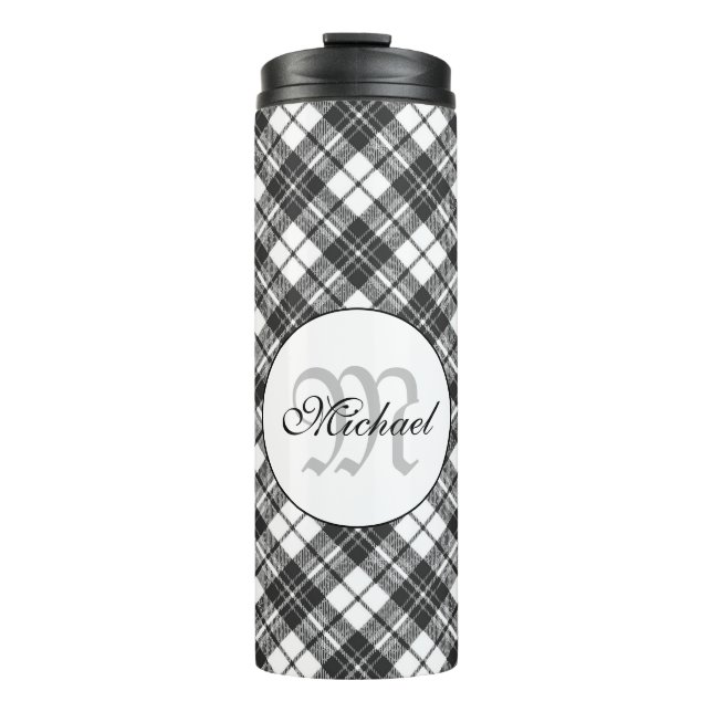 Tartan pattern Christmas black white Monogram Thermal Tumbler (Front)