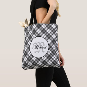Tartan pattern Christmas black white Monogram Tote Bag