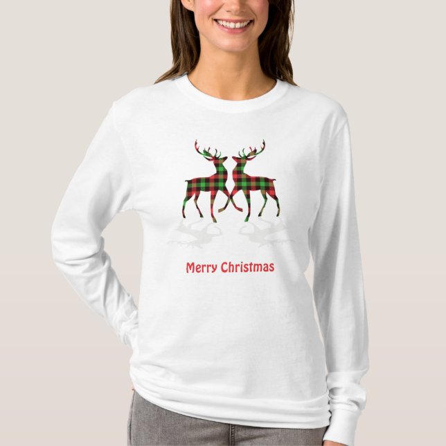 Tartan pattern Christmas reindeer T-Shirt (Front)