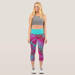 Tartan Pink Purple Aqua Plaid Aqua Waistband Capri Leggings