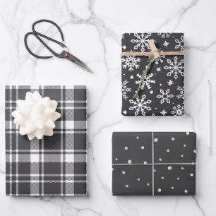 Tartan Plaid and Snowflake Monochrome Wrapping Paper Sheet