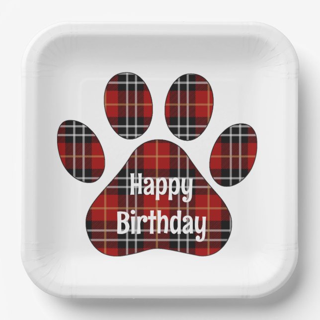 Tartan Plaid Birthday Pawprints Paper Plate (Front)