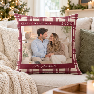 Tartan Plaid Burgundy Cream Photo Christmas Cushion