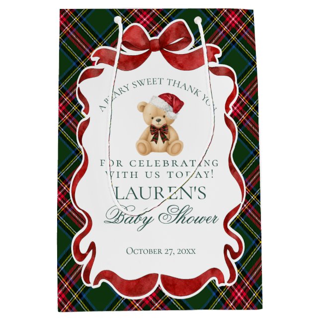 Tartan Plaid Christmas Bear Baby Shower Favors Medium Gift Bag (Front)